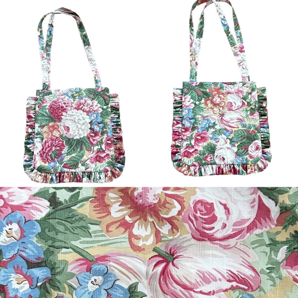 Side Eye Bird Handmade Ruffled Tote Bag Vintage 1980s Pink Multi Floral Fabric